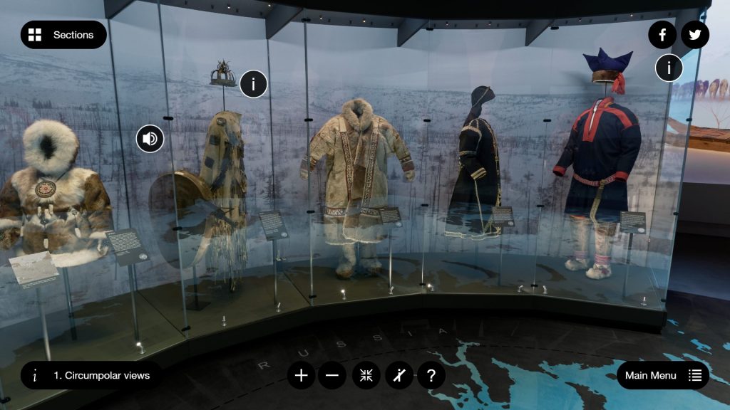 Screenshot of a virtual exhibition space, featuring a large display case containing five outfits.