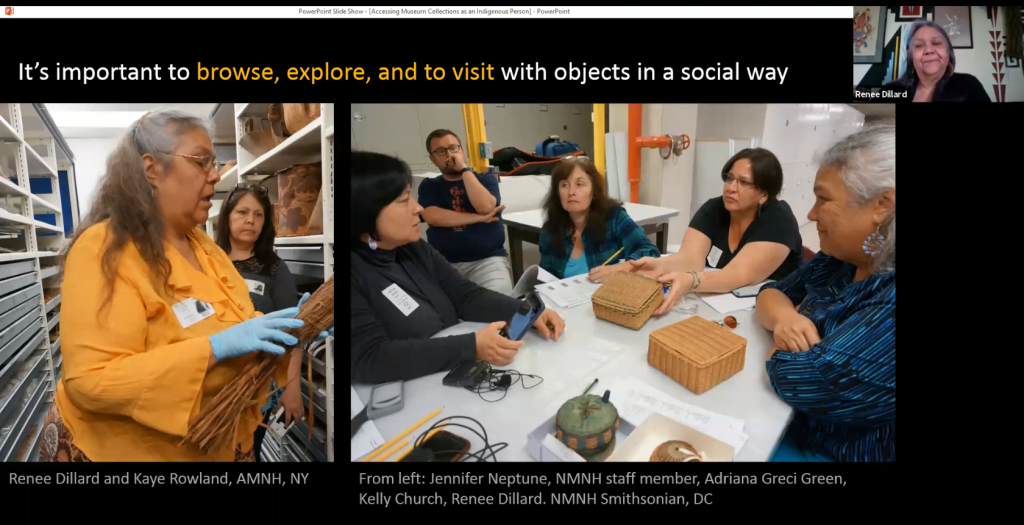 Slide with two images of groups in museum storerooms with baskets.