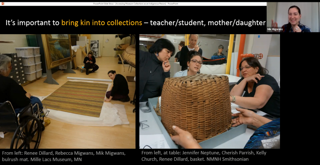 Slide with two images of groups visiting a bulrush mat and a black ash basket in museum collections.