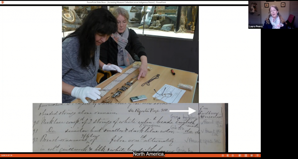 Slide with image of two people looking at collection items on a table, and an image of a handwritten archival document.
